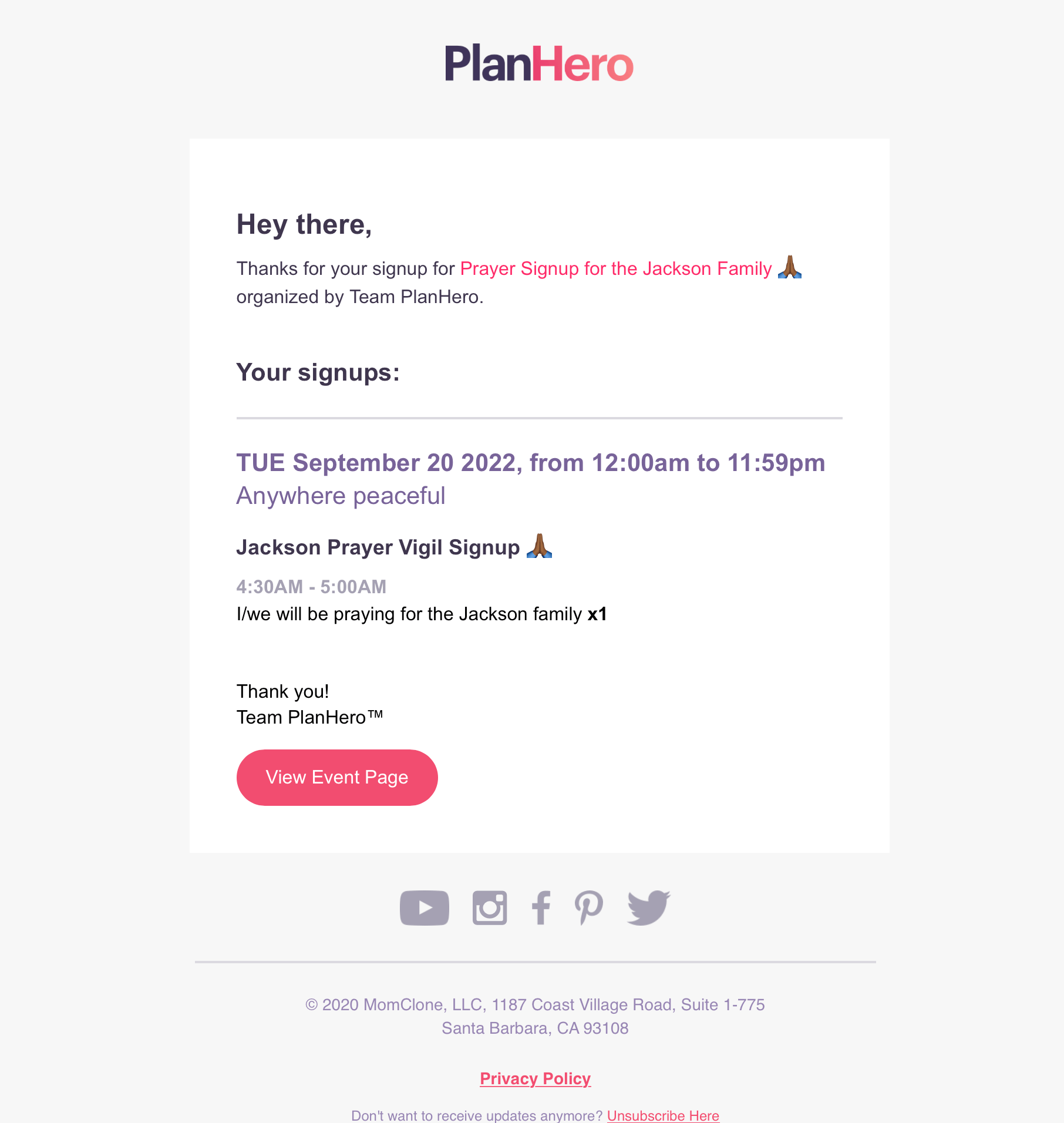 PlanHero Confirmation Email Example Signup Tool