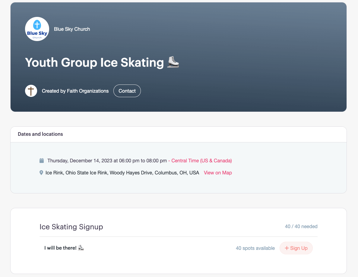 example of PlanHero digital signup for ice skating